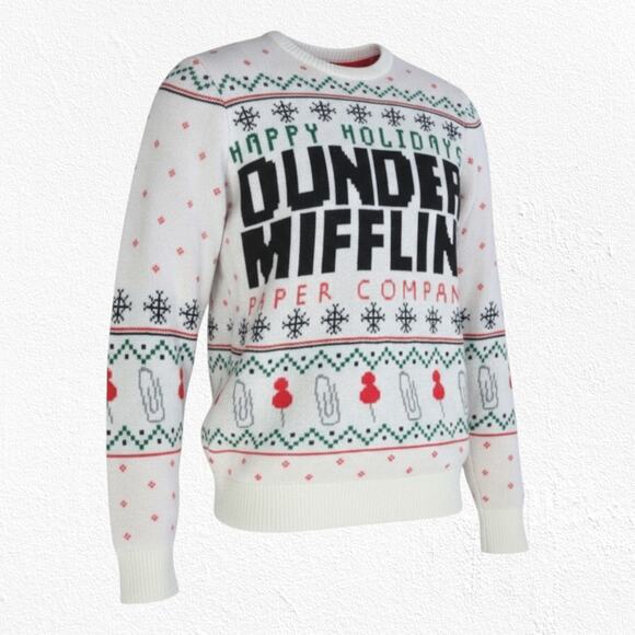 The Office Dunder Mifflin Holiday Fair Isle Knit Sweater White Red Size Small - Picture 1 of 9